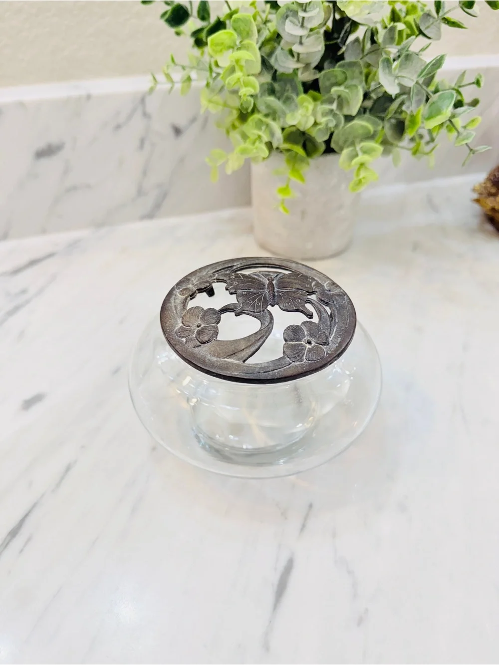 Vintage Clear Glass Trinket / Potpourri Jar w/ Ornate Bronze Butterfly Lid